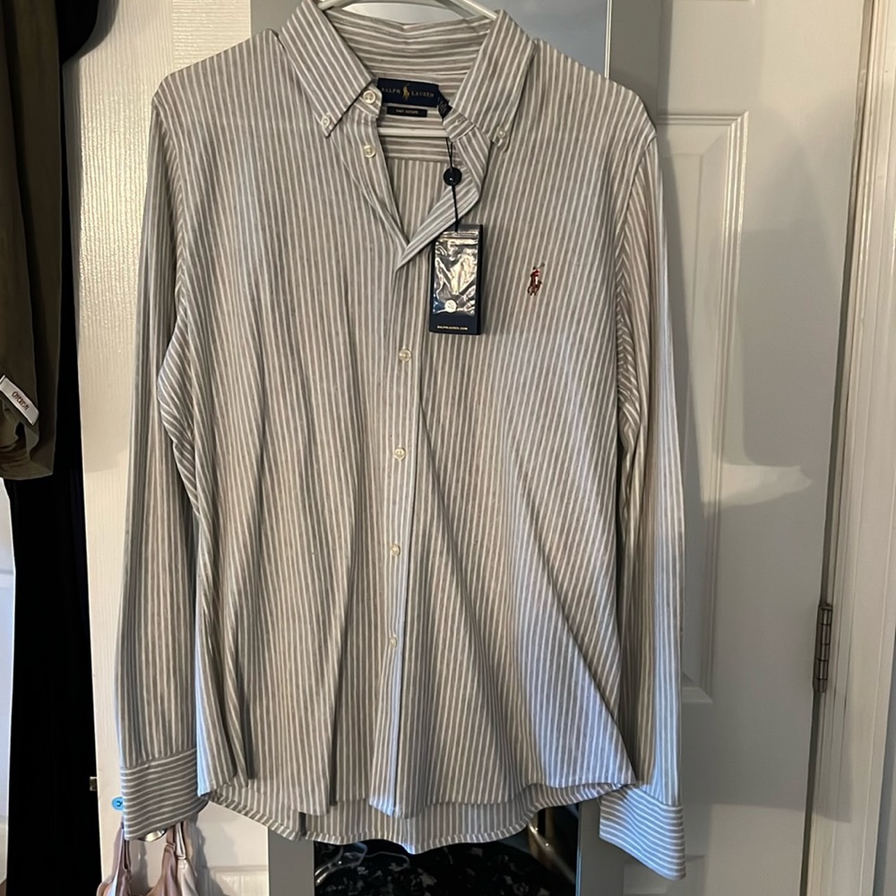 Ralph Lauren grey white striped button down polo xl
